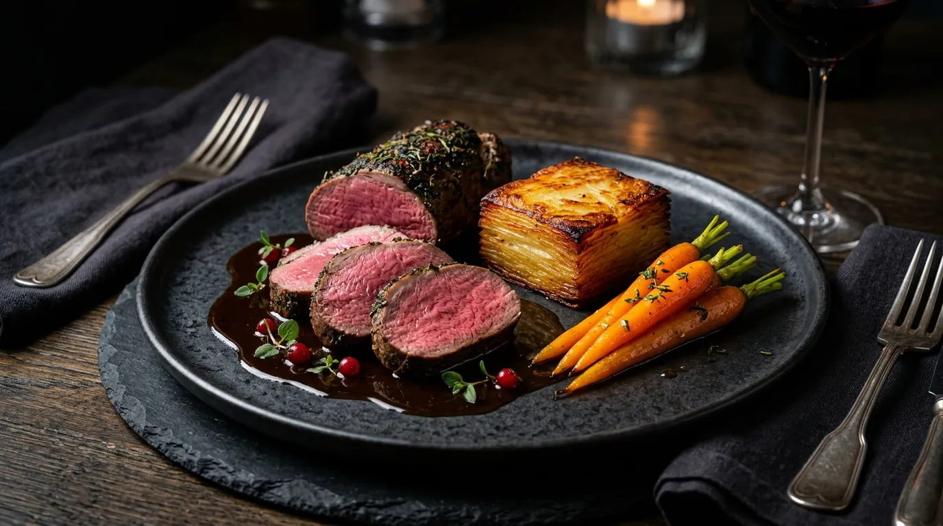 Hazenrug | 100-Layer Potato Pavé | Geroosterde Bospeen | Wildjus — thumbnail