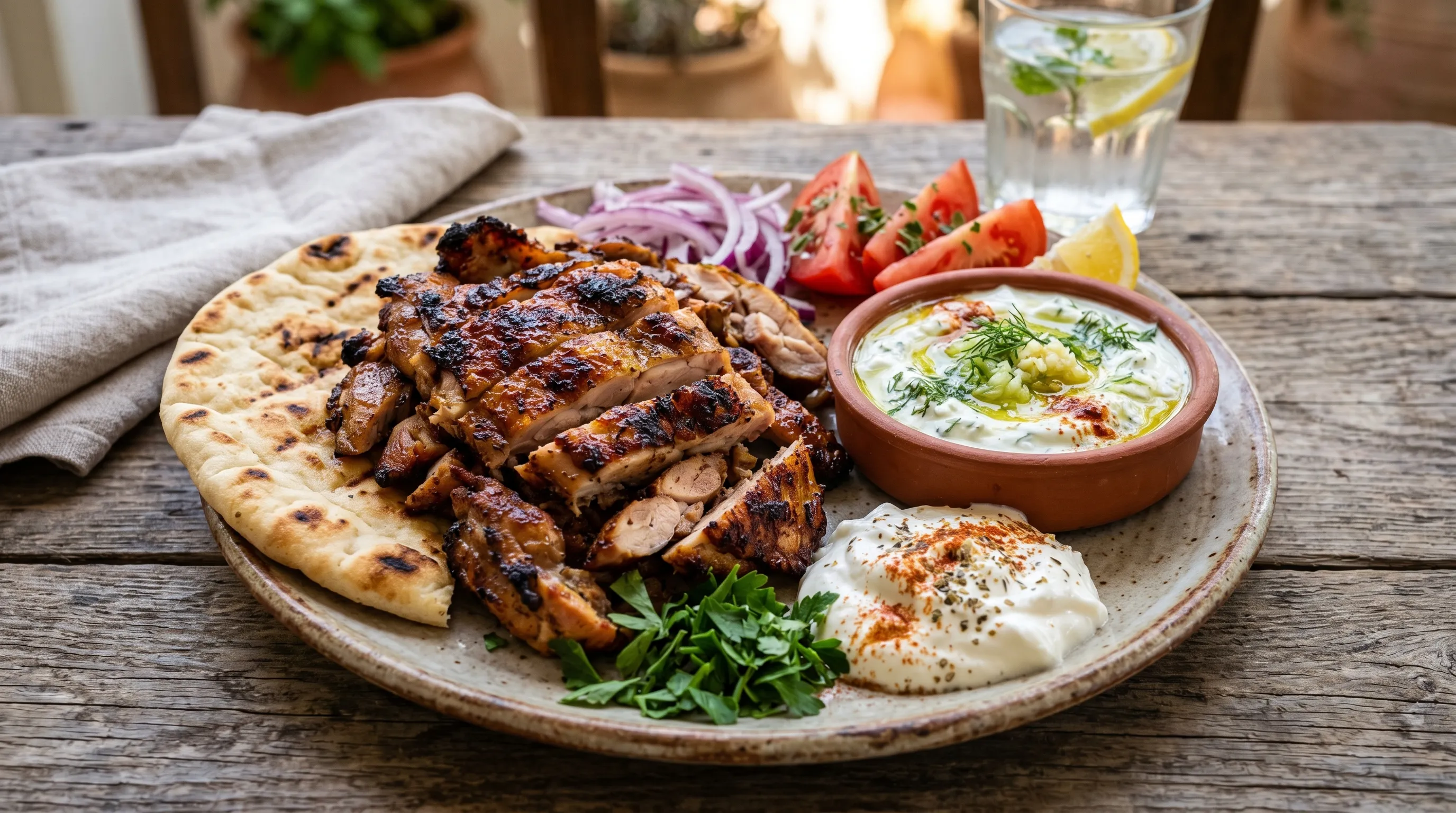 Kos-Gyros: Gegrilde Kippendijen met Griekse Yoghurt & Tzatziki — hero afbeelding