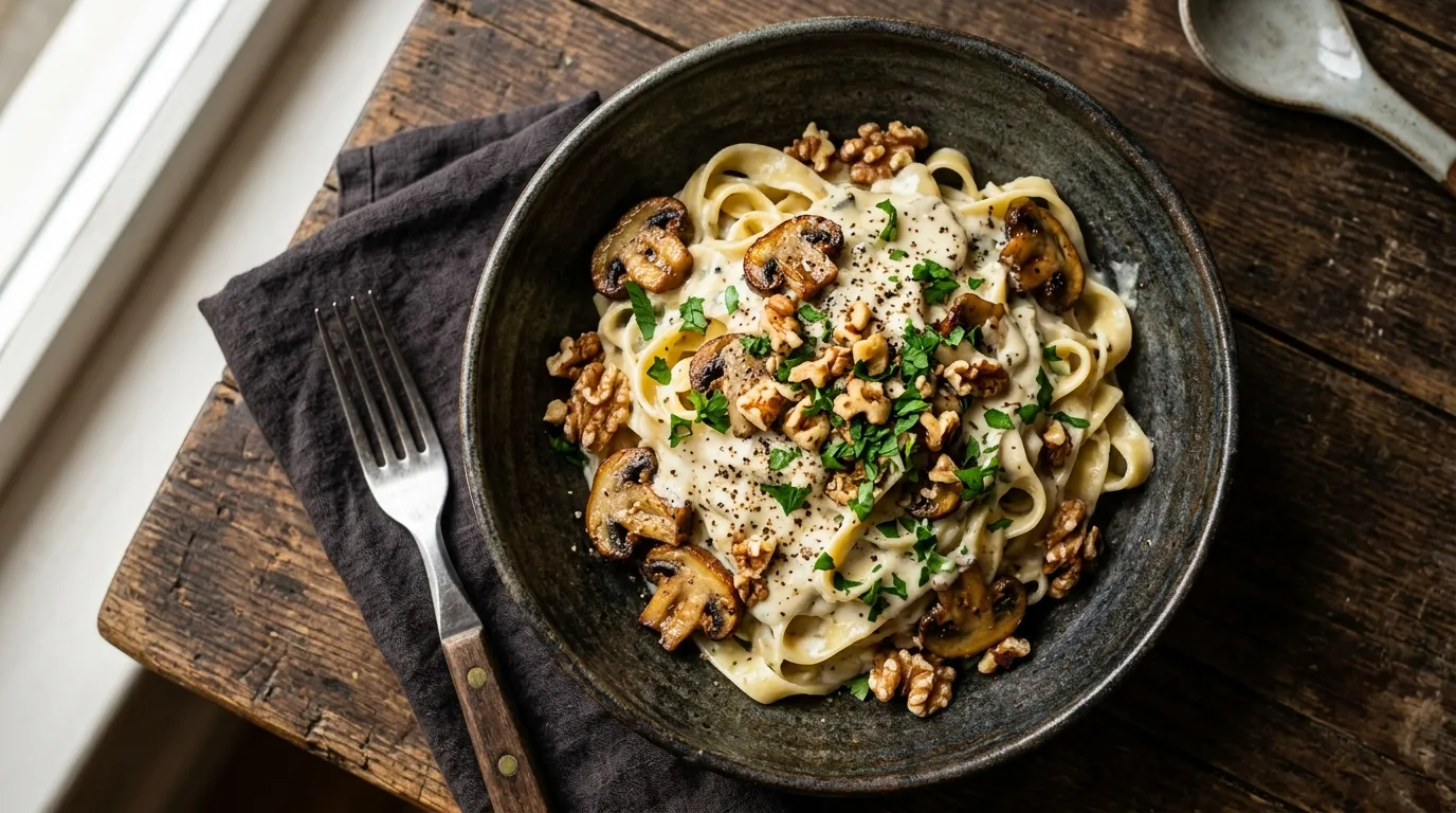 Snelle Pasta met Kastanjechampignons & Blauwe Kaas — thumbnail